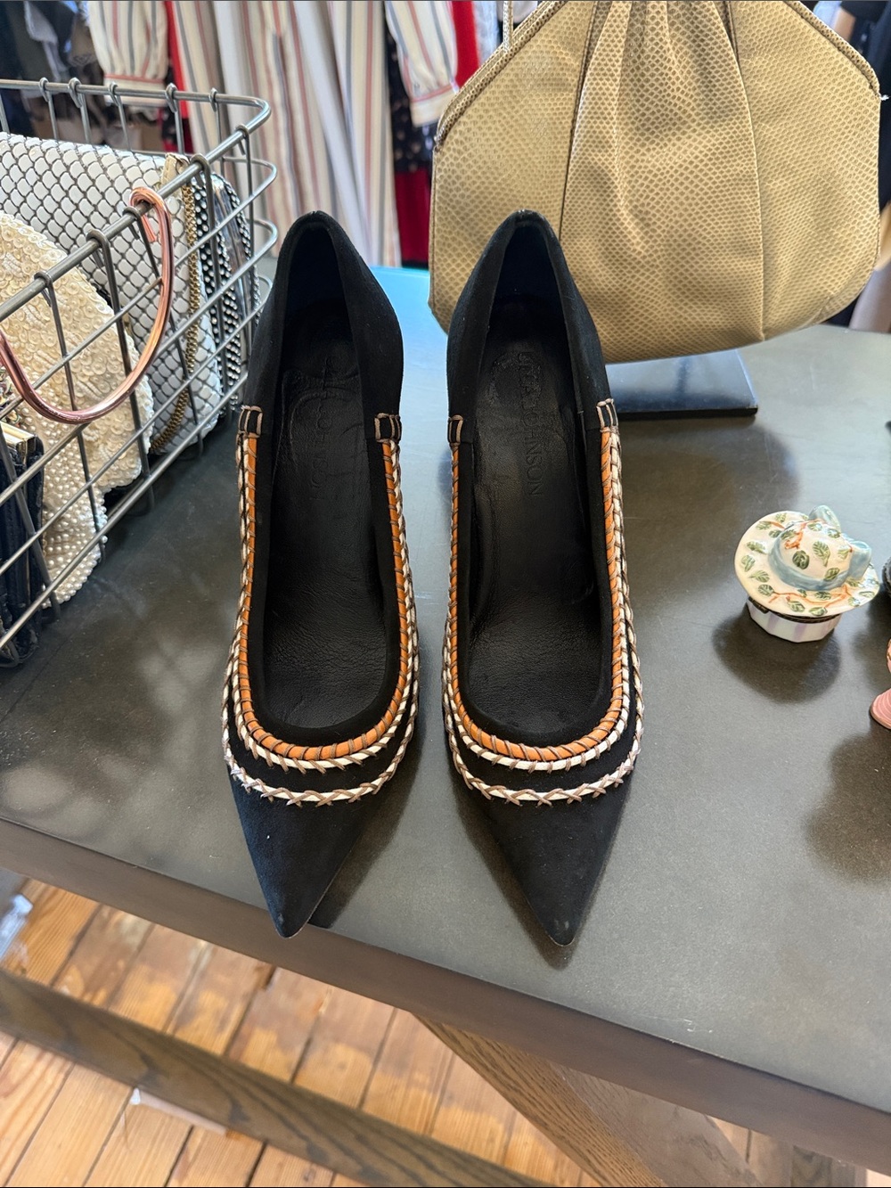 Black Suede Pointed Pumps with Braided Trim